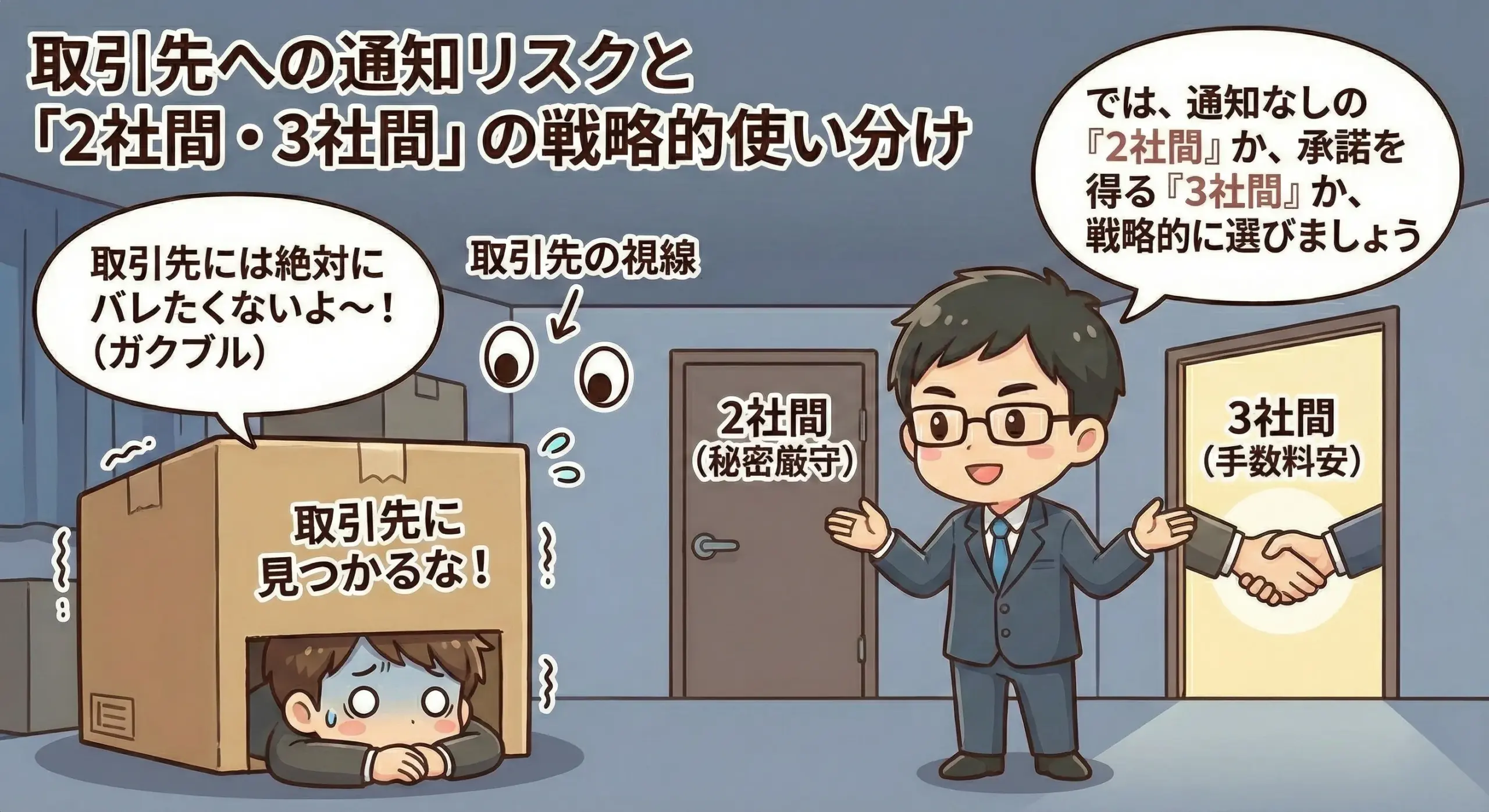2社間と3社間の違い（通知の有無と手数料）を比較して方式を選ぶ担当者