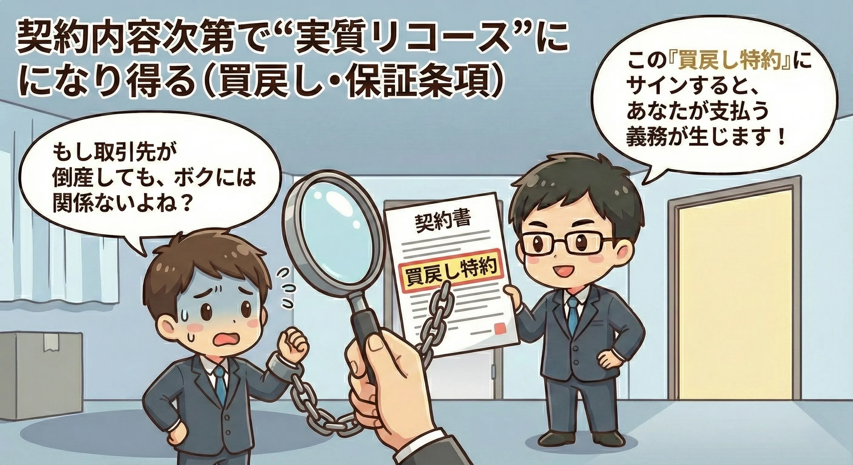 買戻し特約や表明保証など契約条項を確認して実質リコースを避ける経営者