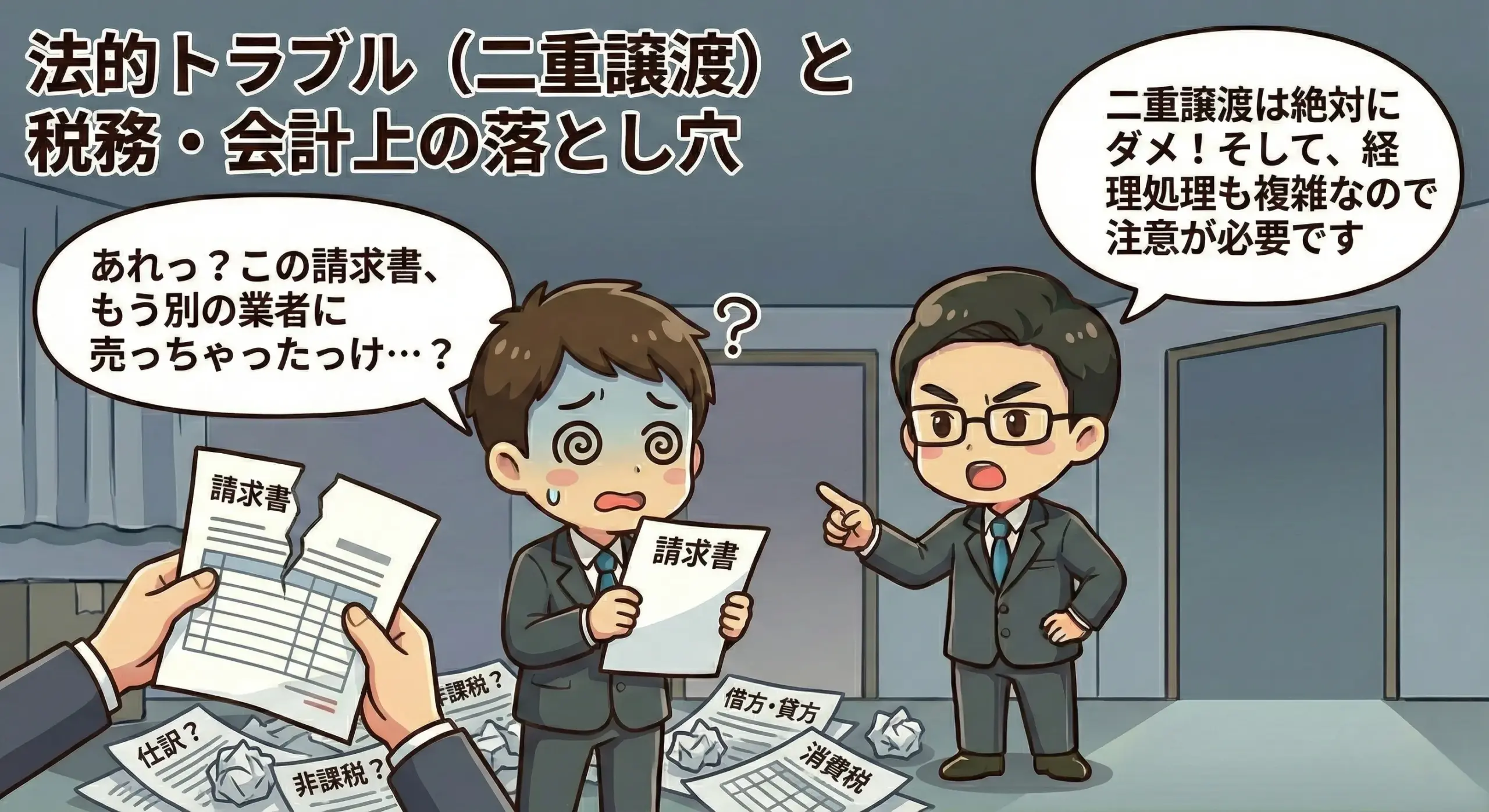 二重譲渡リスクと会計・消費税・債権譲渡登記の扱いを整理する経理担当者