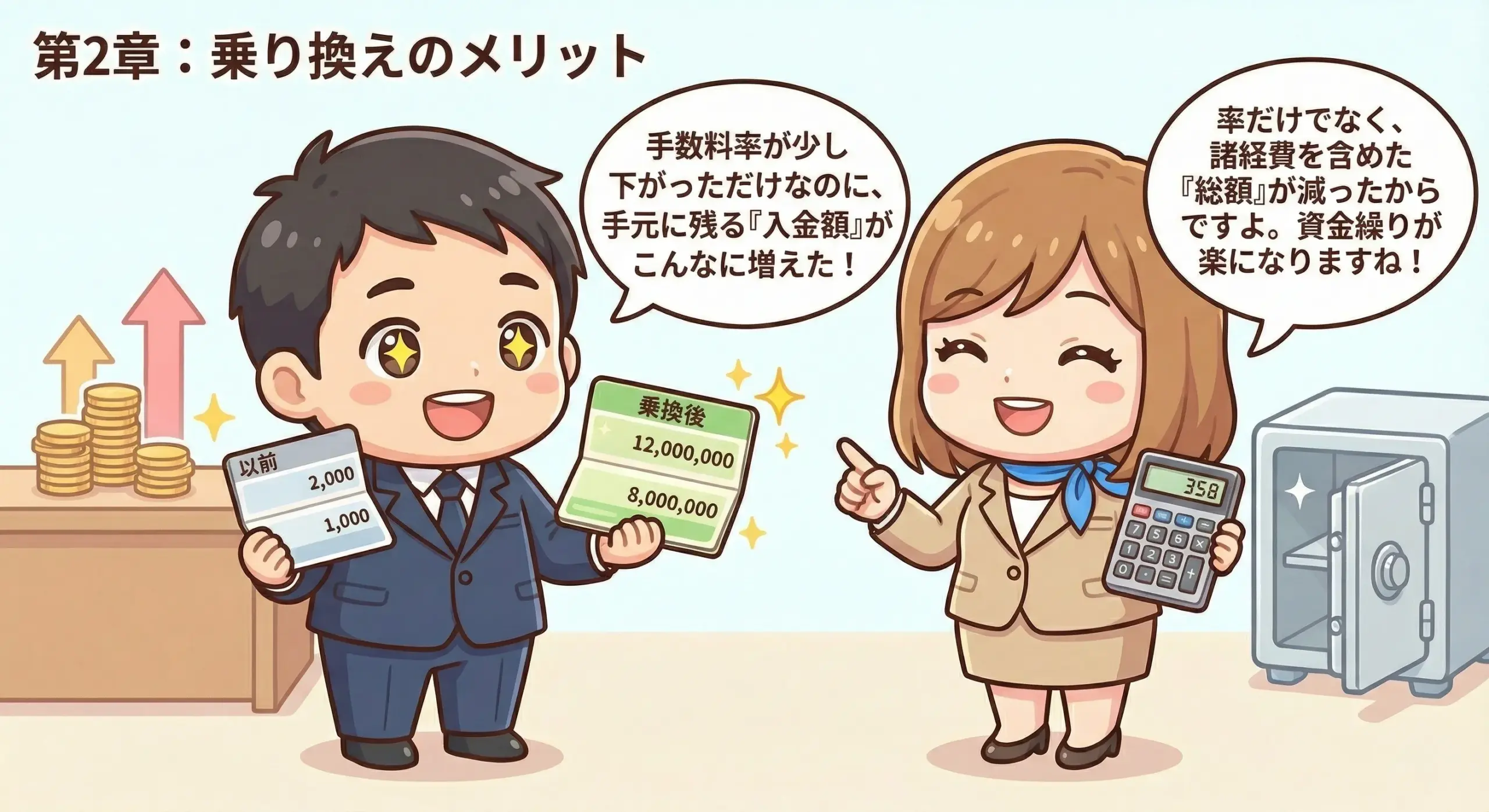 ファクタリング乗り換えのメリットを整理し、入金額と費用総額で比較する場面