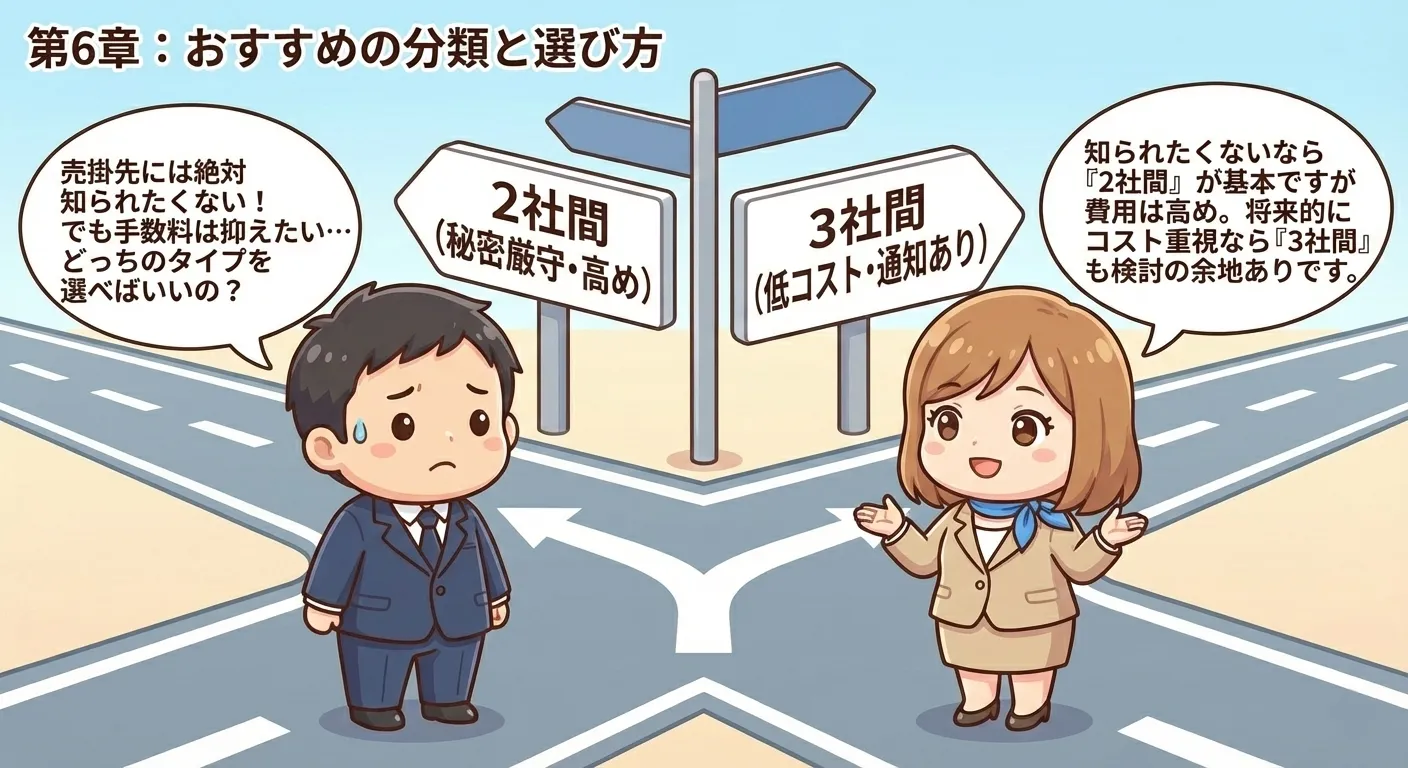 オンライン完結型や2社間・3社間などの分類でファクタリング会社を選ぶイメージ