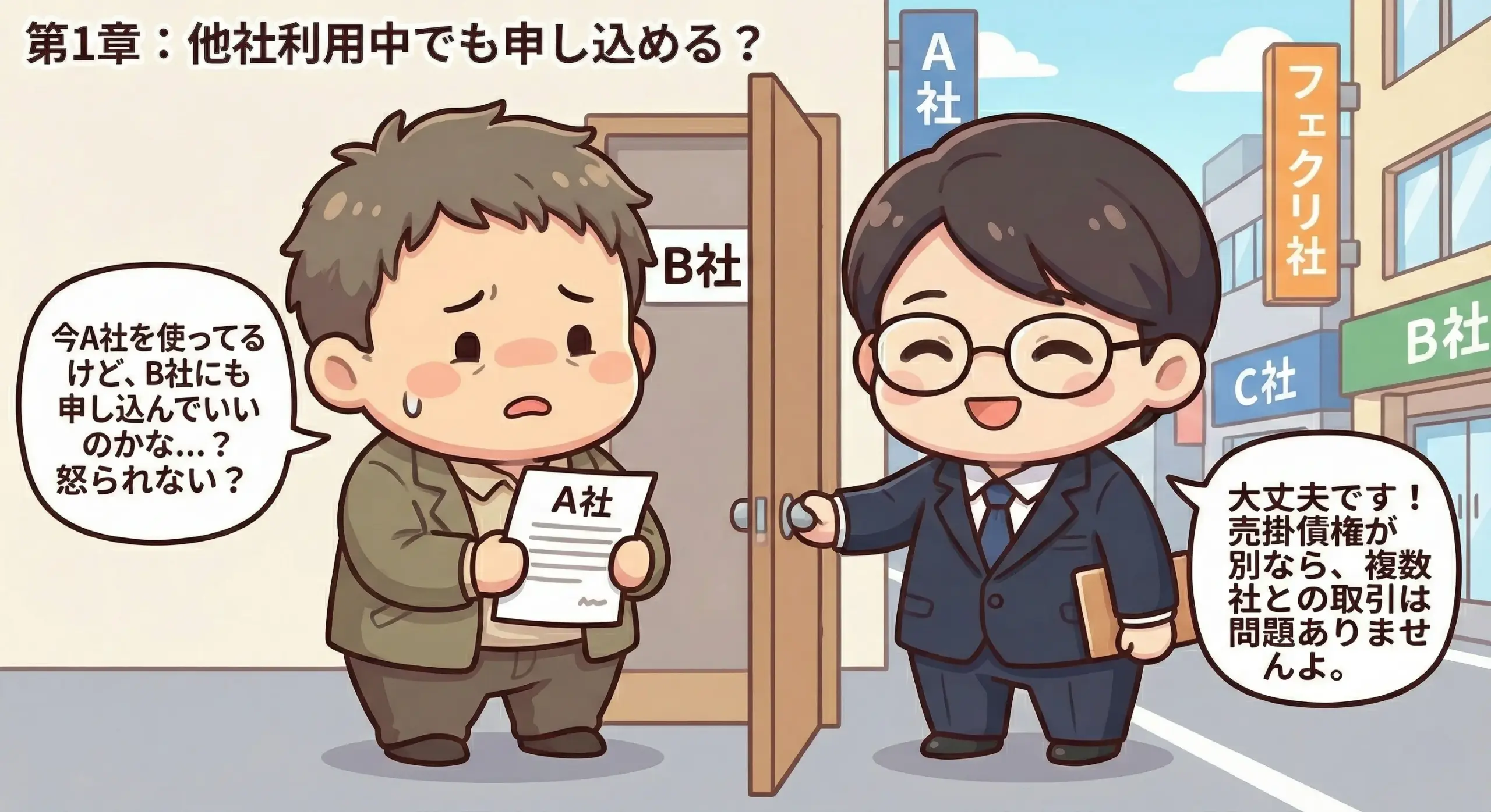 他社利用中でも申し込みできるかを確認し、契約書と請求書を見比べる経営者