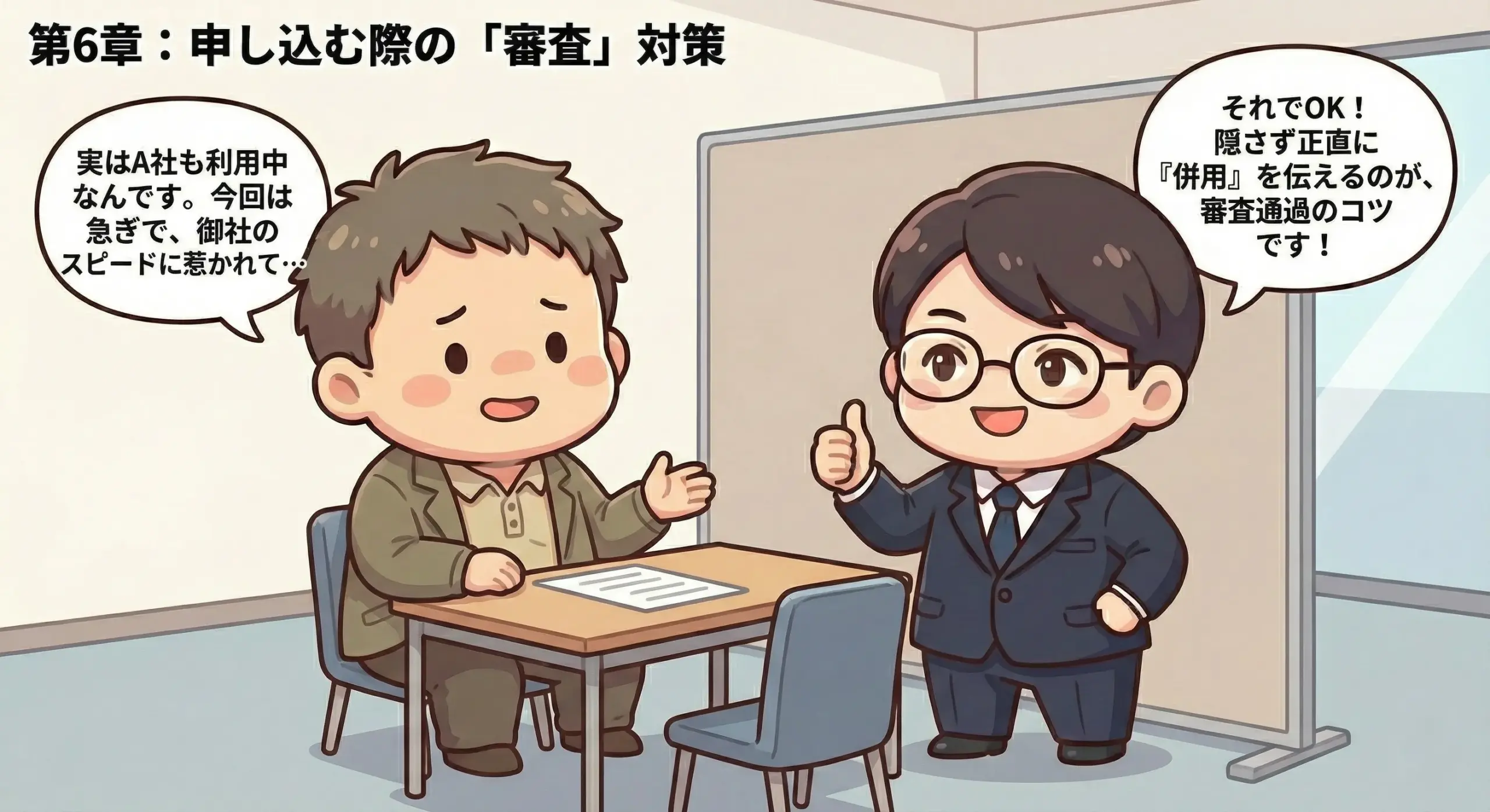 審査対策として他社利用を正直に申告し、通帳と書類を整える場面