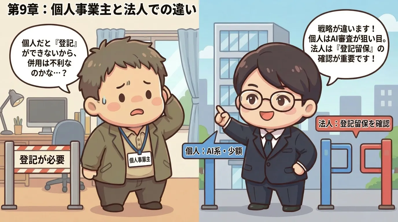 個人事業主と法人の違いとして債権譲渡登記の有無を確認しながら検討する様子